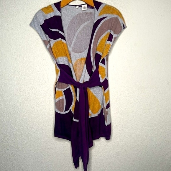 Anthro Moth Wrap Around Sleeveless Cardigan Sweater Lightweight Purple Yellow M - Picture 5 of 15